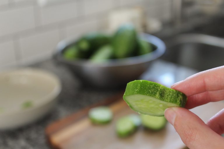 Close-up of sliced garden fresh pickling cucumbers for bread and butter pickles canning recipe