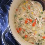 Dutch oven full of Chicken Pot Pie soup