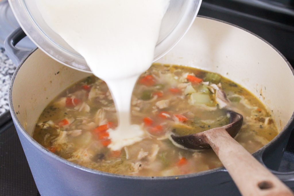 Adding cream to Chicken Pot Pie soup