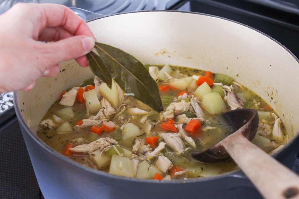 Removing bay leaves from Chicken Pot Pie soup