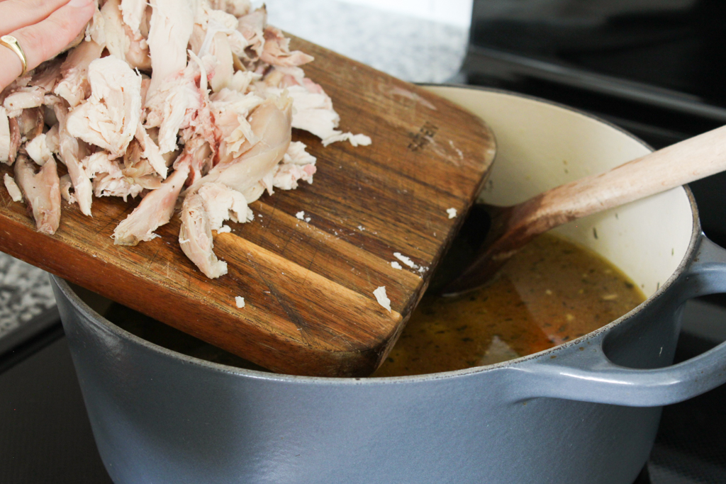 Adding shredded precooked chicken to Chicken Pot Pie soup