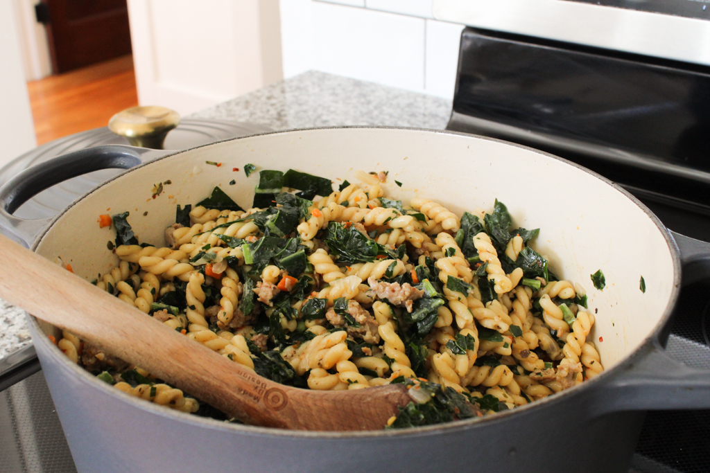 Steaming kale in One Pot Pasta with Sausage and Kale