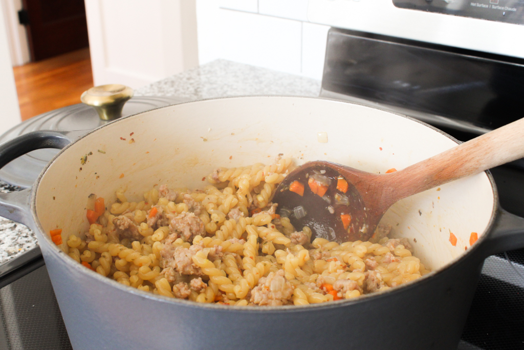 Cooking pasta in One Pot Pasta with Sausage and Kale