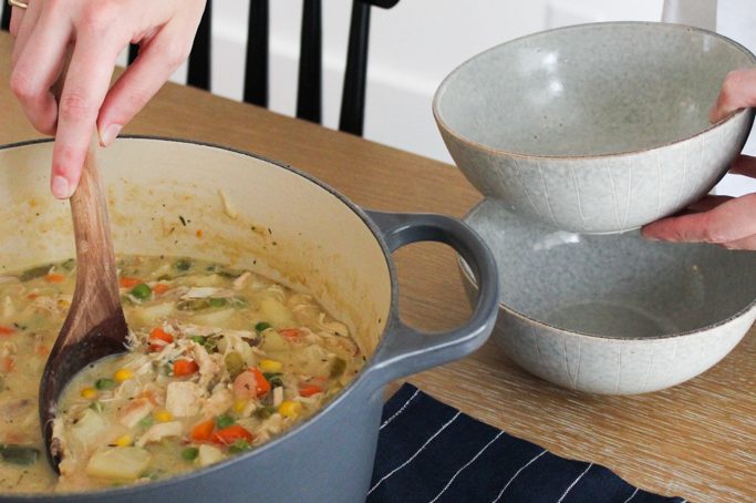 Serving bowls of Creamy Chicken Pot Pie Soup