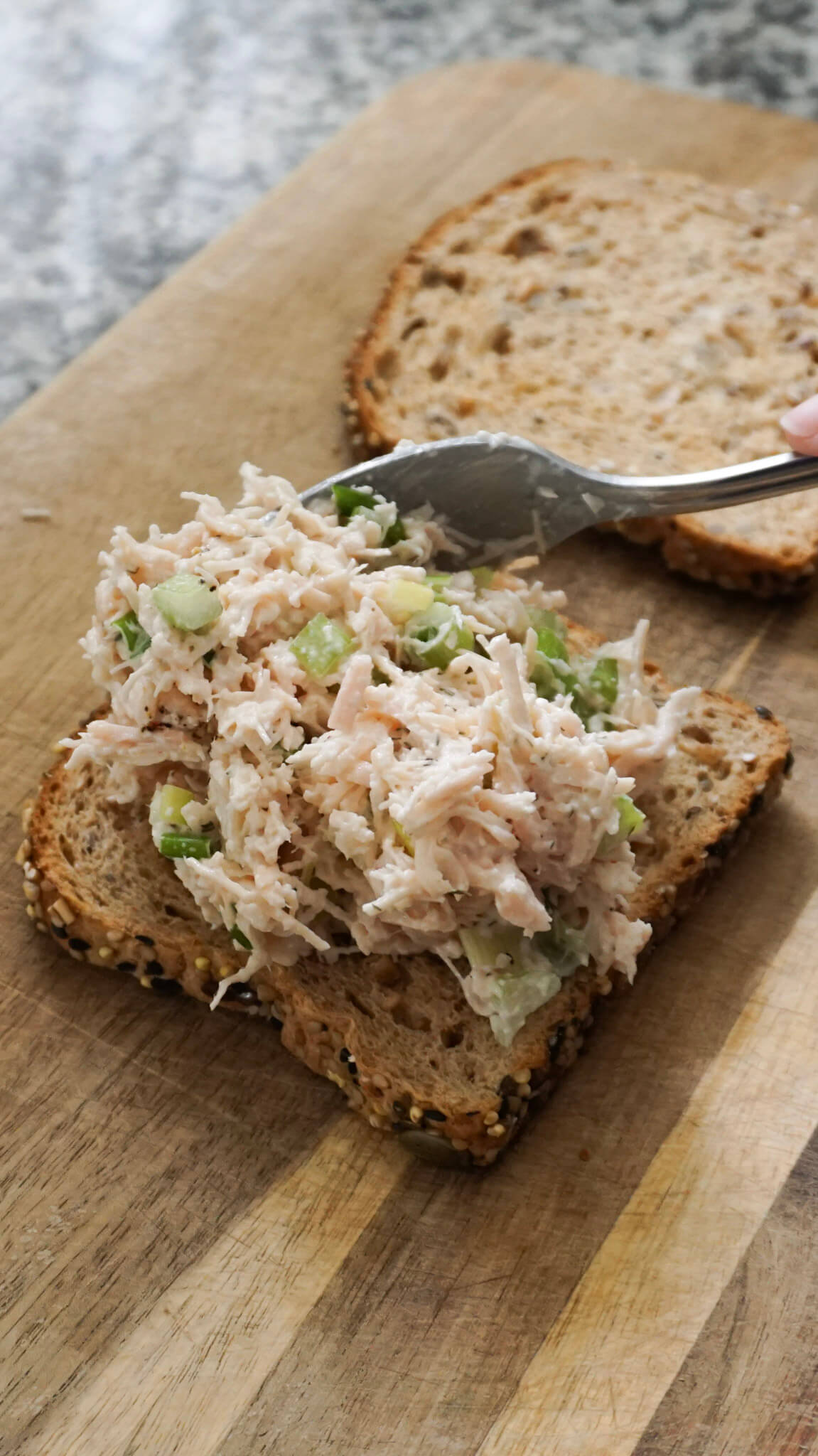 Quick canned chicken salad on high fiber bread as a quick lunch for busy moms