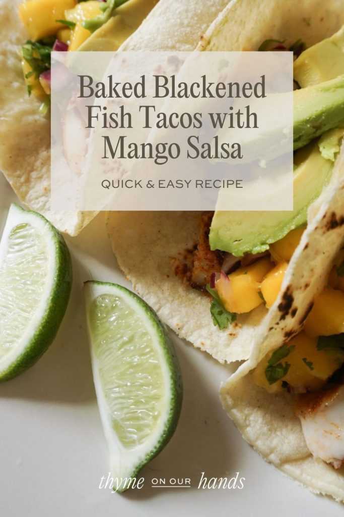 Pinterest pin for baked blackened fish tacos with mango salsa