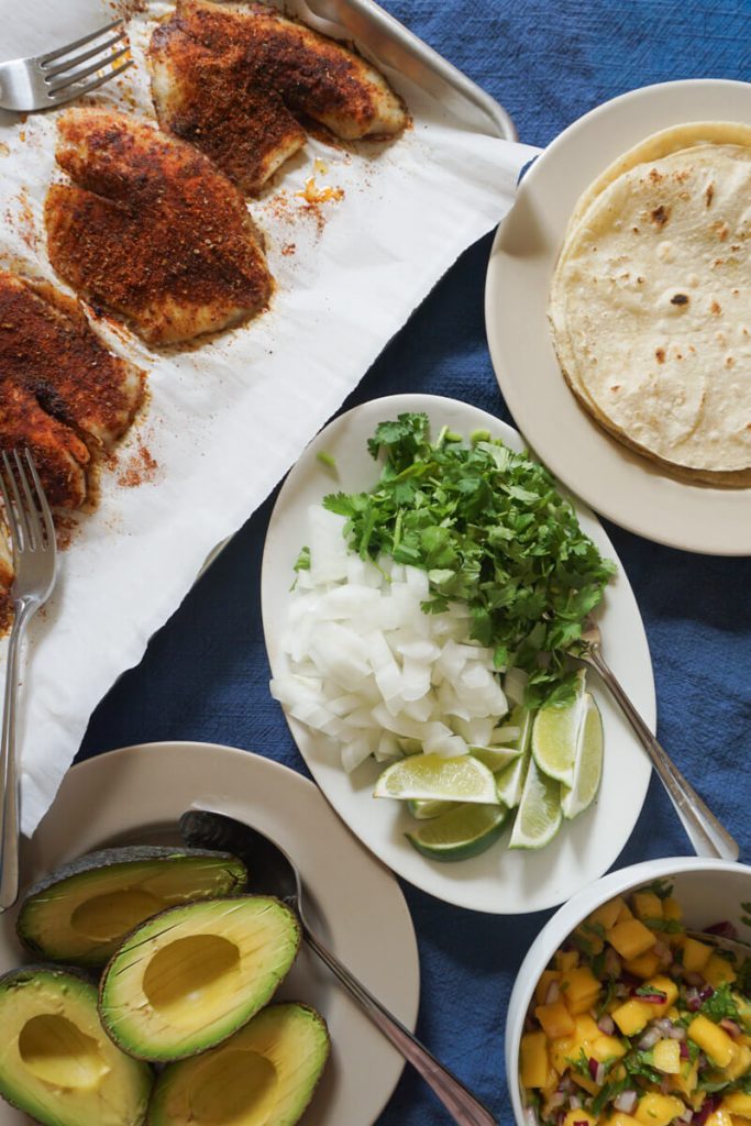 Baked blackened fish tacos served family style