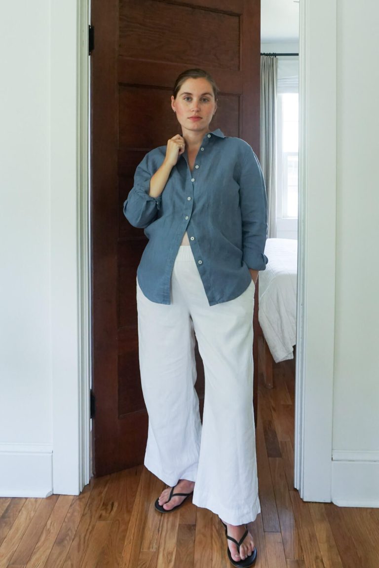 Blue linen button down and white linen pants for realistic pregnancy outfits