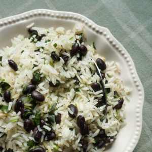 Overhead shot of bowl of easy homemade cilantro lime rice and beans
