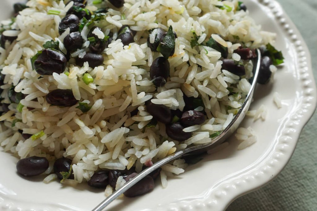 Close up shot of easy cilantro lime rice and beans