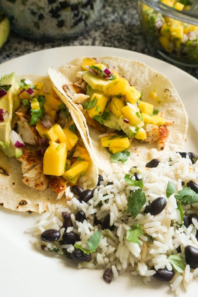 fish tacos with cilantro lime rice and beans for an easy budget summer meal