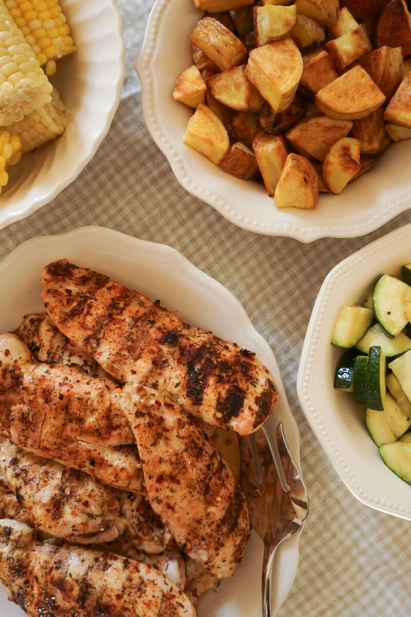 grilled chicken and sides for simple budget summer meal idea