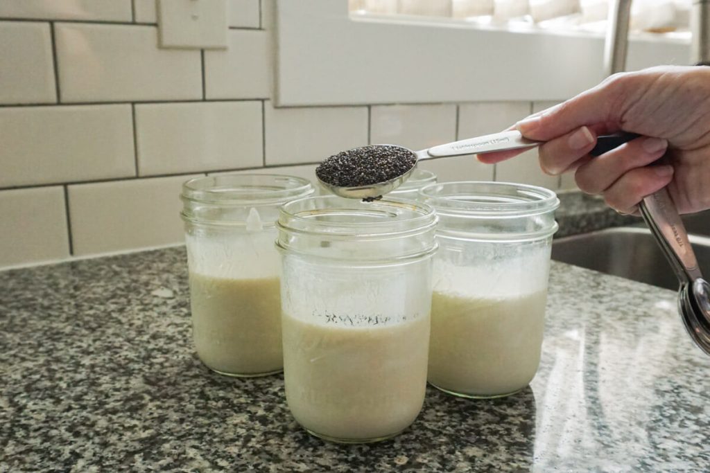 adding chia seeds to high protein chia pudding