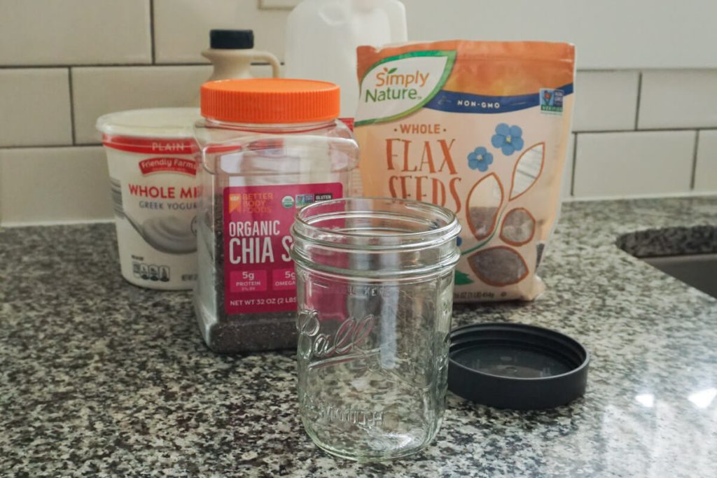 ingredients for high protein chia pudding lined up on counter