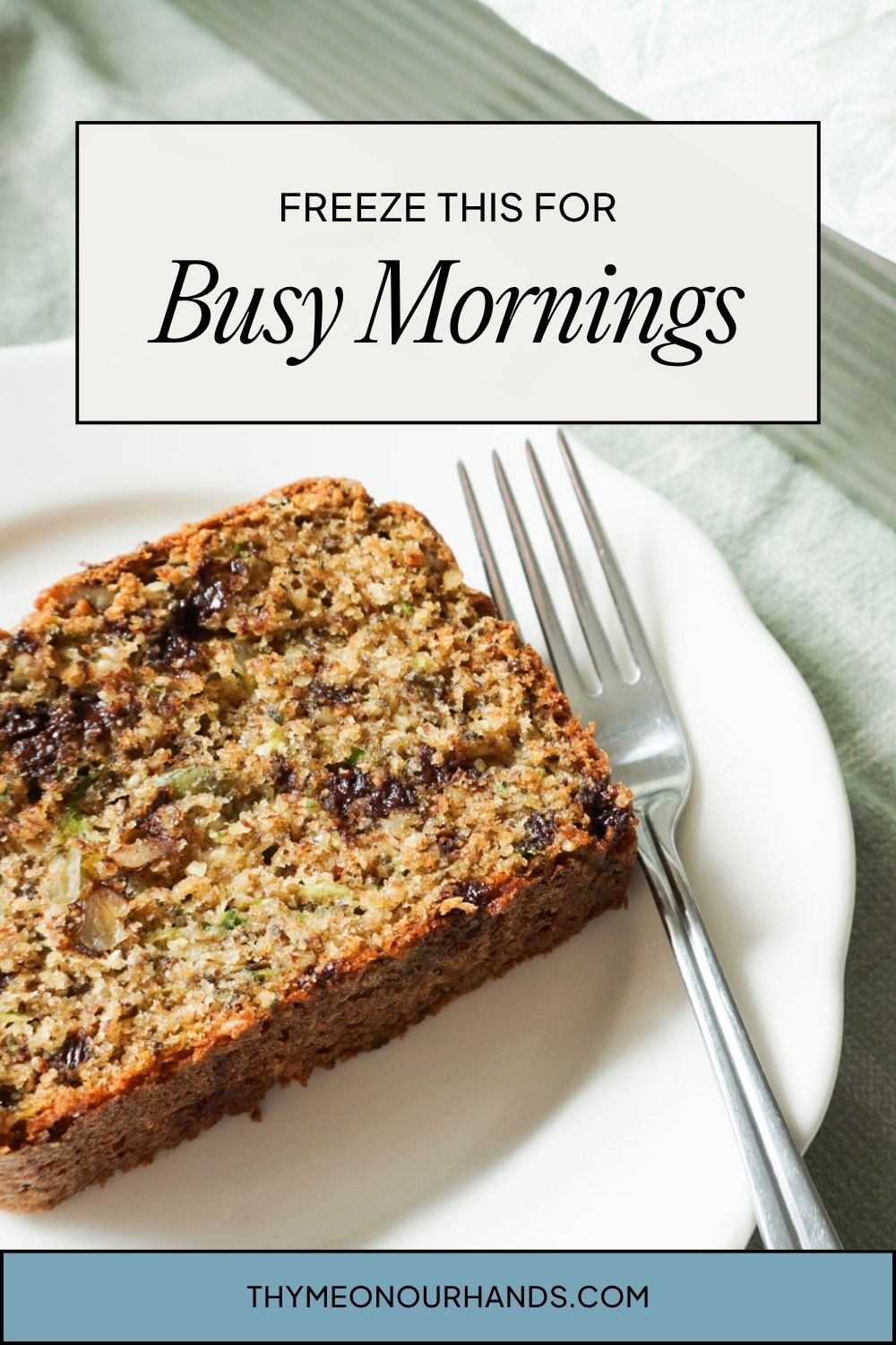 Pinterest pin for chocolate chip breakfast zucchini bread as a freezer-friendly breakfast
