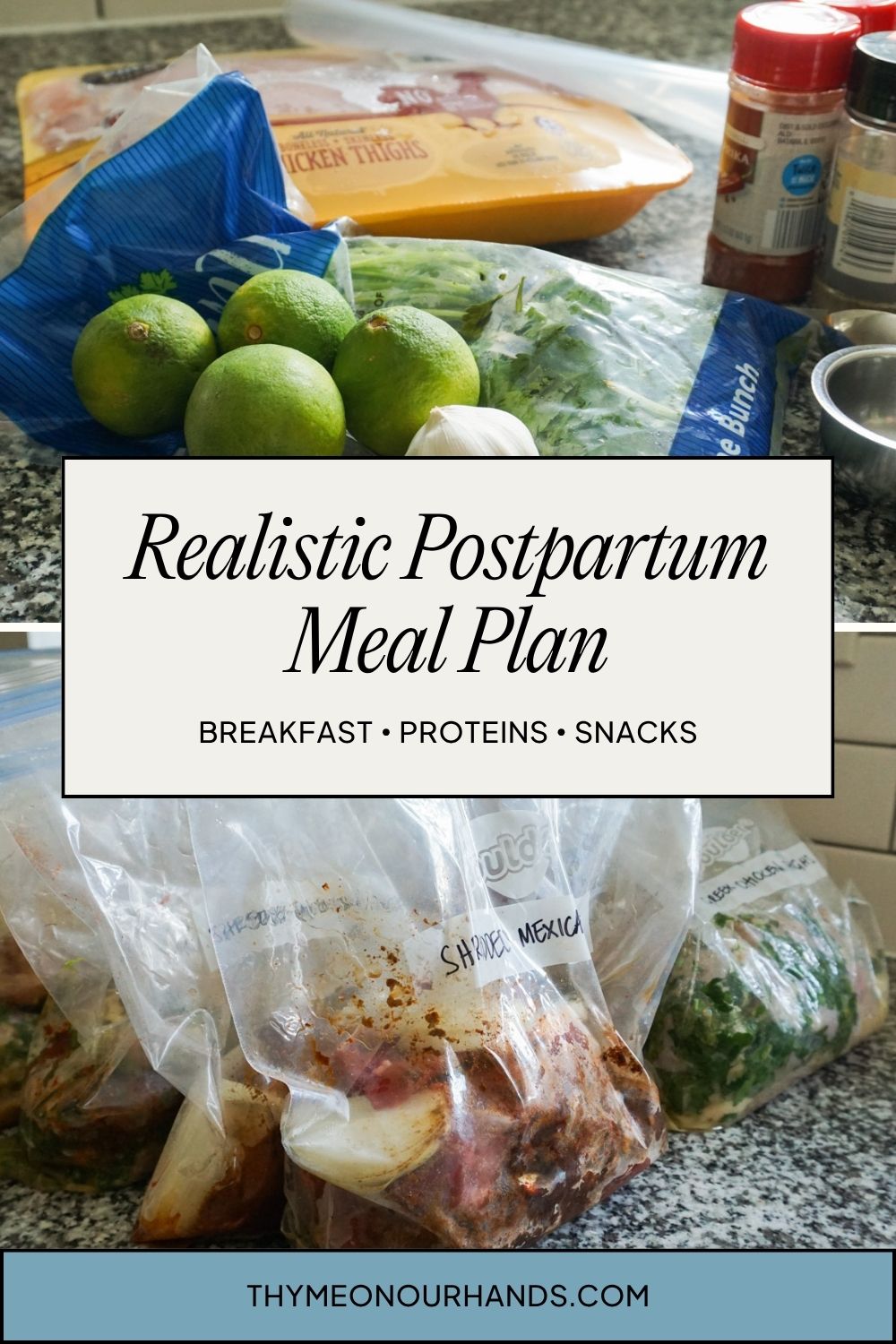 Pinterest pin for realistic postpartum meal prep plan with breakfasts, proteins, and snacks included