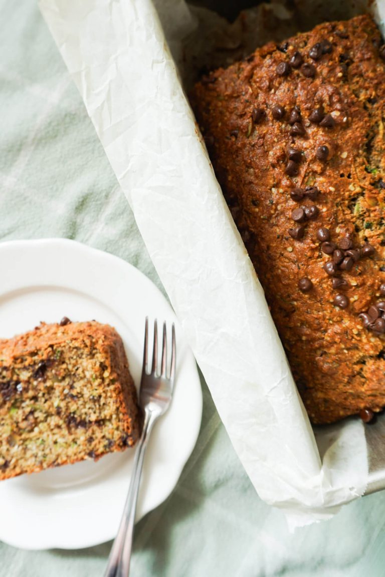 overhead shot of chocolate chip zucchini bread with Greek yogurt baked in a loaf pan