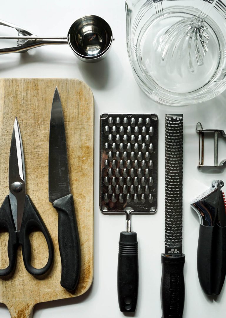 flay lay image of the most used prep tools in my from-scratch kitchen