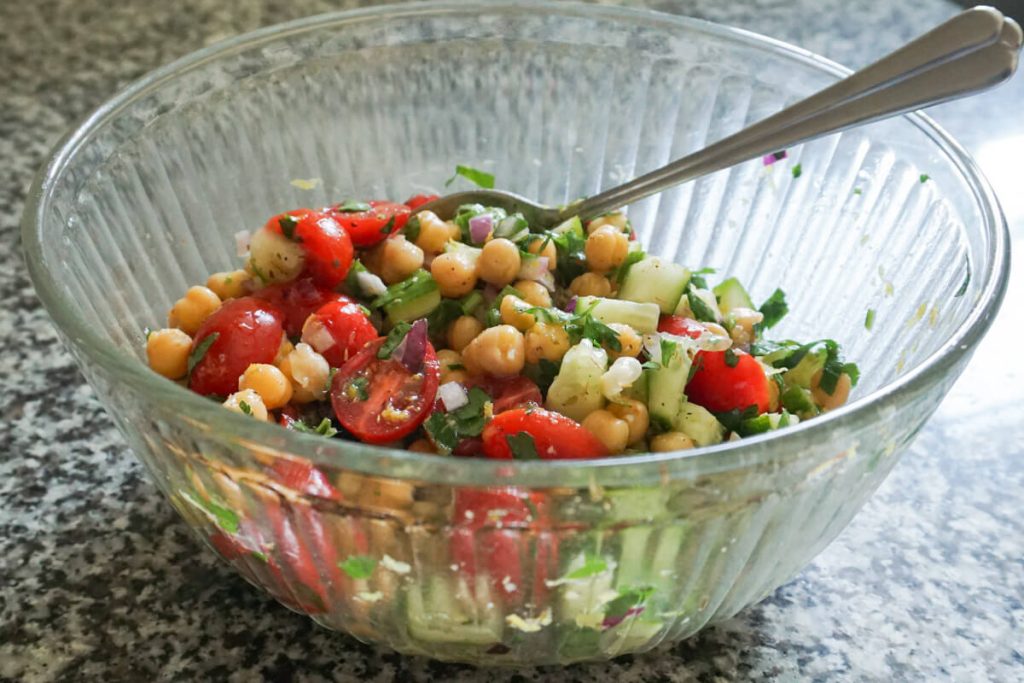 mixed bowl of chickpea cucumber salad