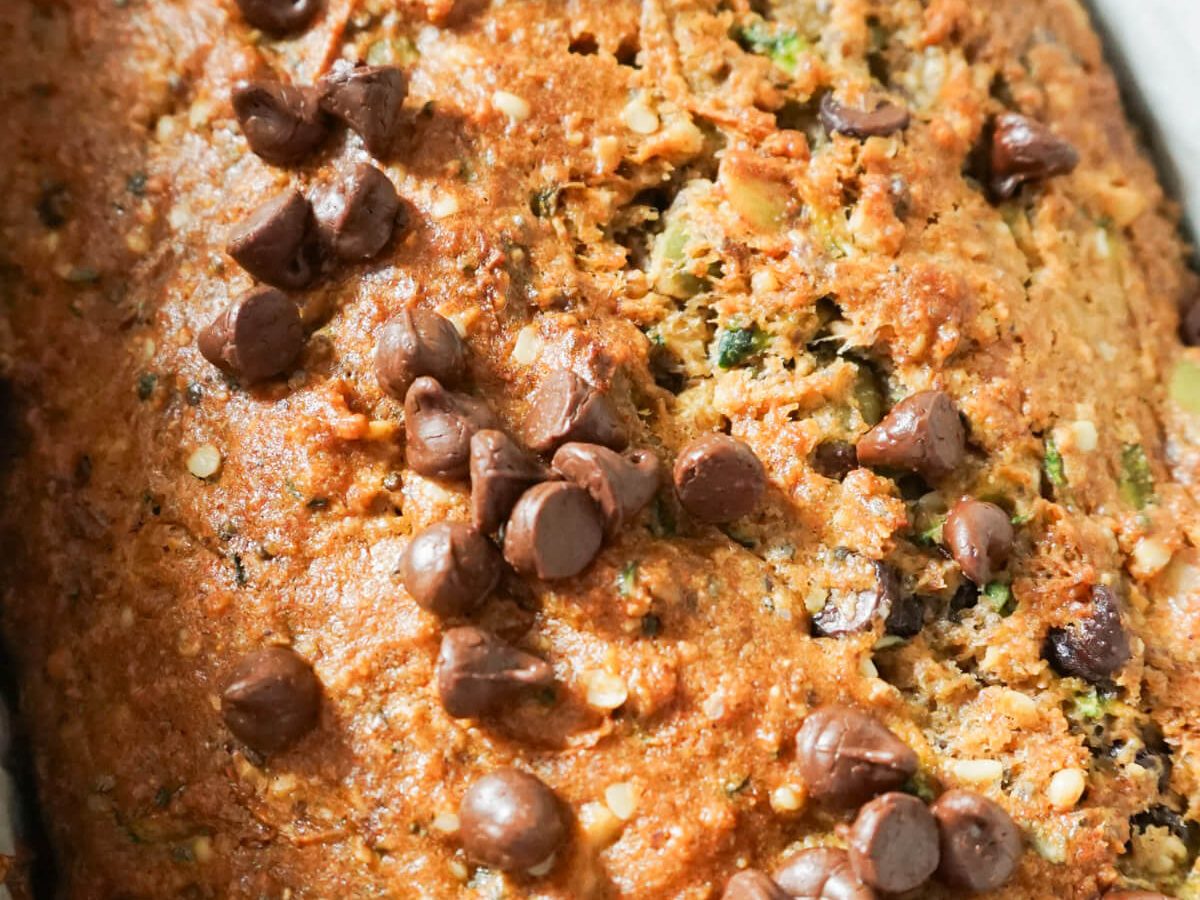 zoomed in shot of breakfast zucchini bread with Greek yogurt