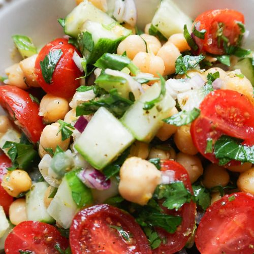 bowl of chickpea cucumber salad for quick summer side idea