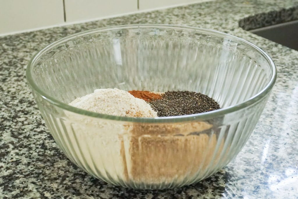 mixing dry ingredients for chocolate chip breakfast zucchini bread