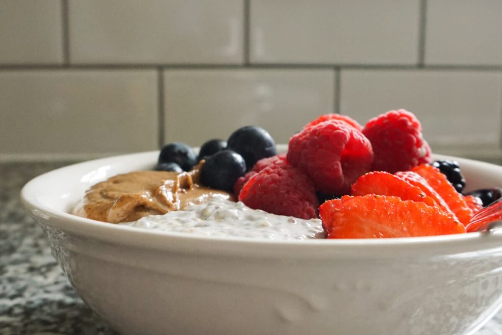 bowl of high protein chia pudding as a easy make ahead breakfast