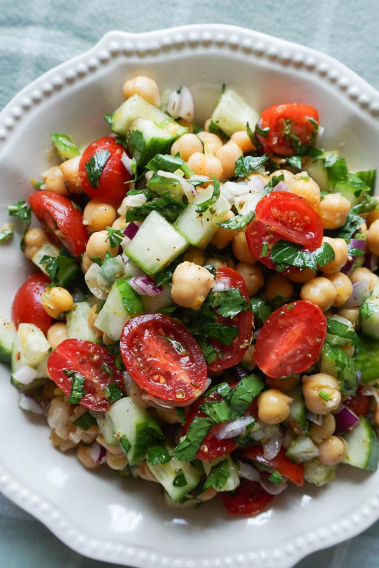 bowl of chickpea cucumber salad for summer meal idea