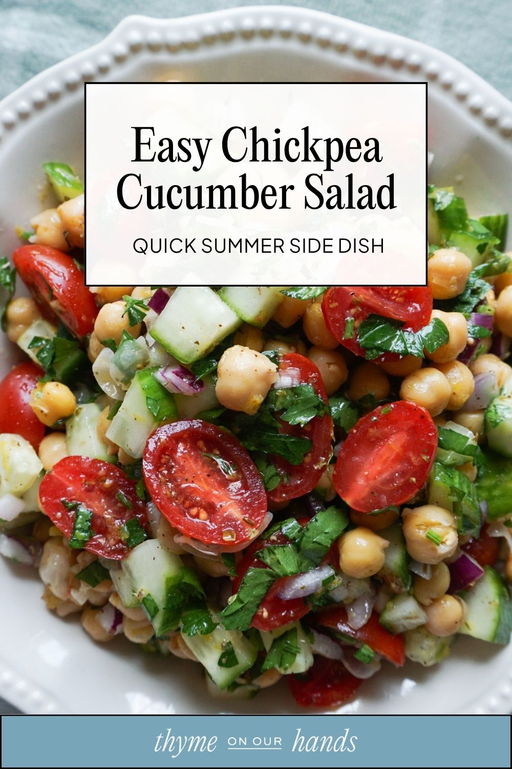 Pinterest pin for easy chickpea cucumber salad quick summer side dish idea