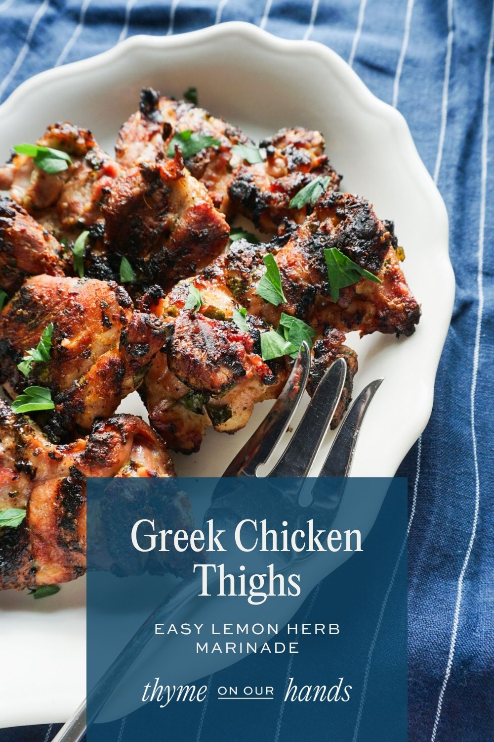 Pinterest pin for greek chicken thighs easy lemon herb marinade