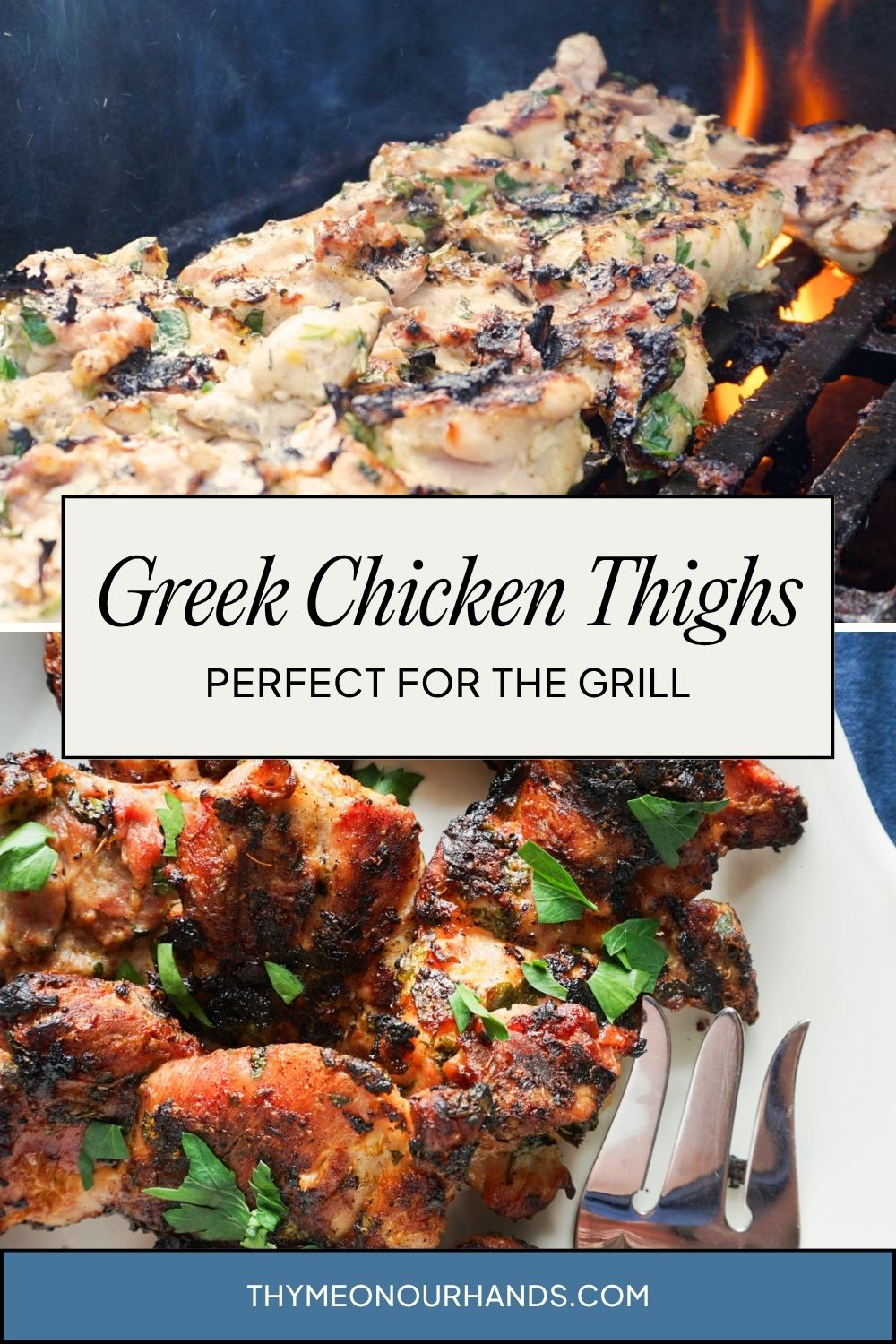Pinterest pin for greek chicken thighs recipe for the grill
